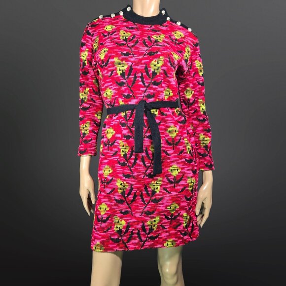 Vintage 60s Knit Sweater Dress Belted Size M Belted Mod Funky Floral Italy - Picture 1 of 13